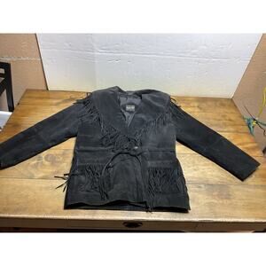 Vintage 90s Learsi Black Suede Fringe Western Jacket Womens Size Small